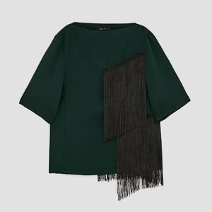 ZARA Fringe Top in Deep Olive Green